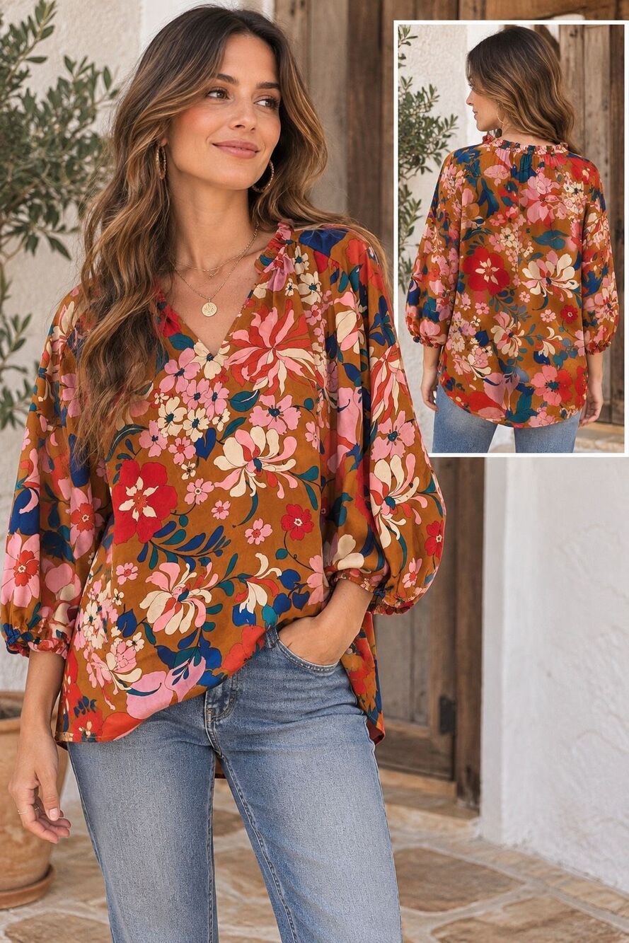 Entro M Floral Blouse – Boho Hippie Peasant Top – Colorful Botanical Print Overs